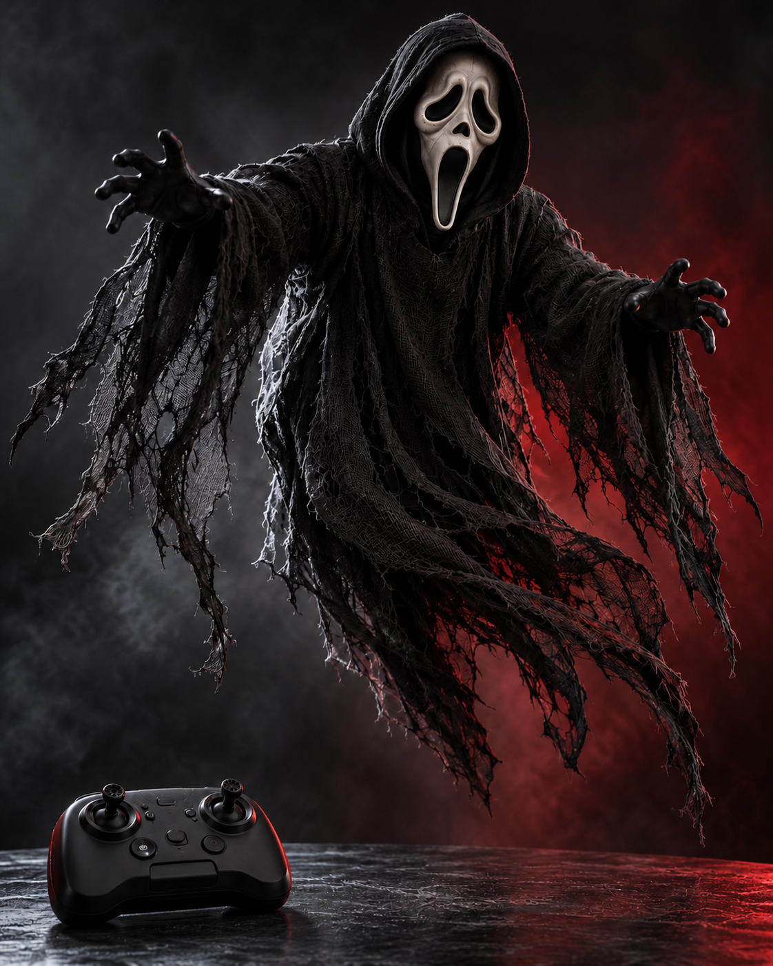 Concept rendering of a Ghostface flying Halloween prop and handheld controller